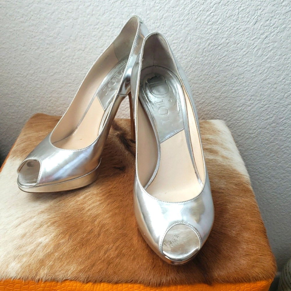 Dior Silver Leather Miss Dior Peep Toe Size 36 1/2